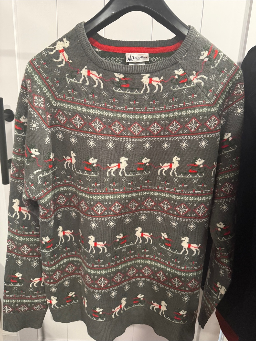 Disney Gray Crewneck Sweater with Mickey and Red Reindeer Pattern
